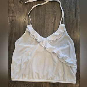 XL Express Elegant White Ruffle Halter Top Sheer‎ Summer Spring Bridal Vacation